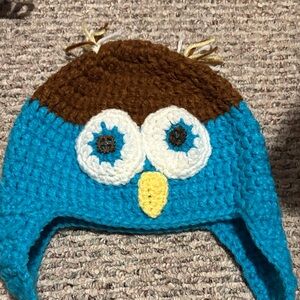 Crochet Owl Beanie Hat in Blue and Brown